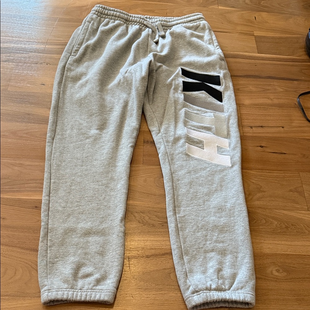 Gray Sweatpants with Black and White Logo